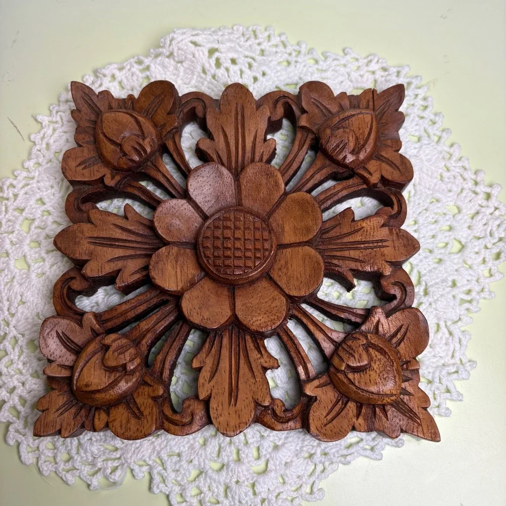 Wood Carved Flower Square Wooden Wall Plaque Boho Bali